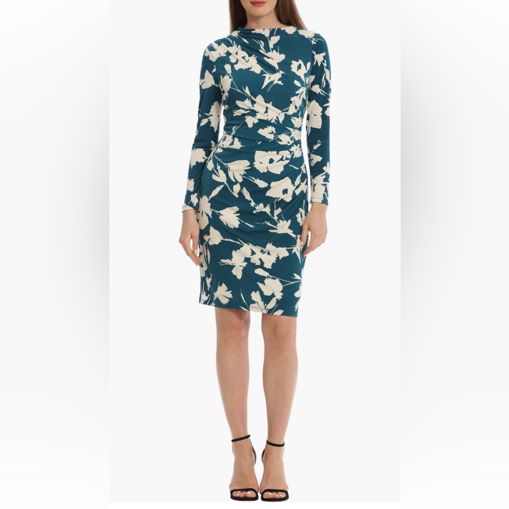 Maggy London Floral Long Sleeved Ruched Body Con Dress